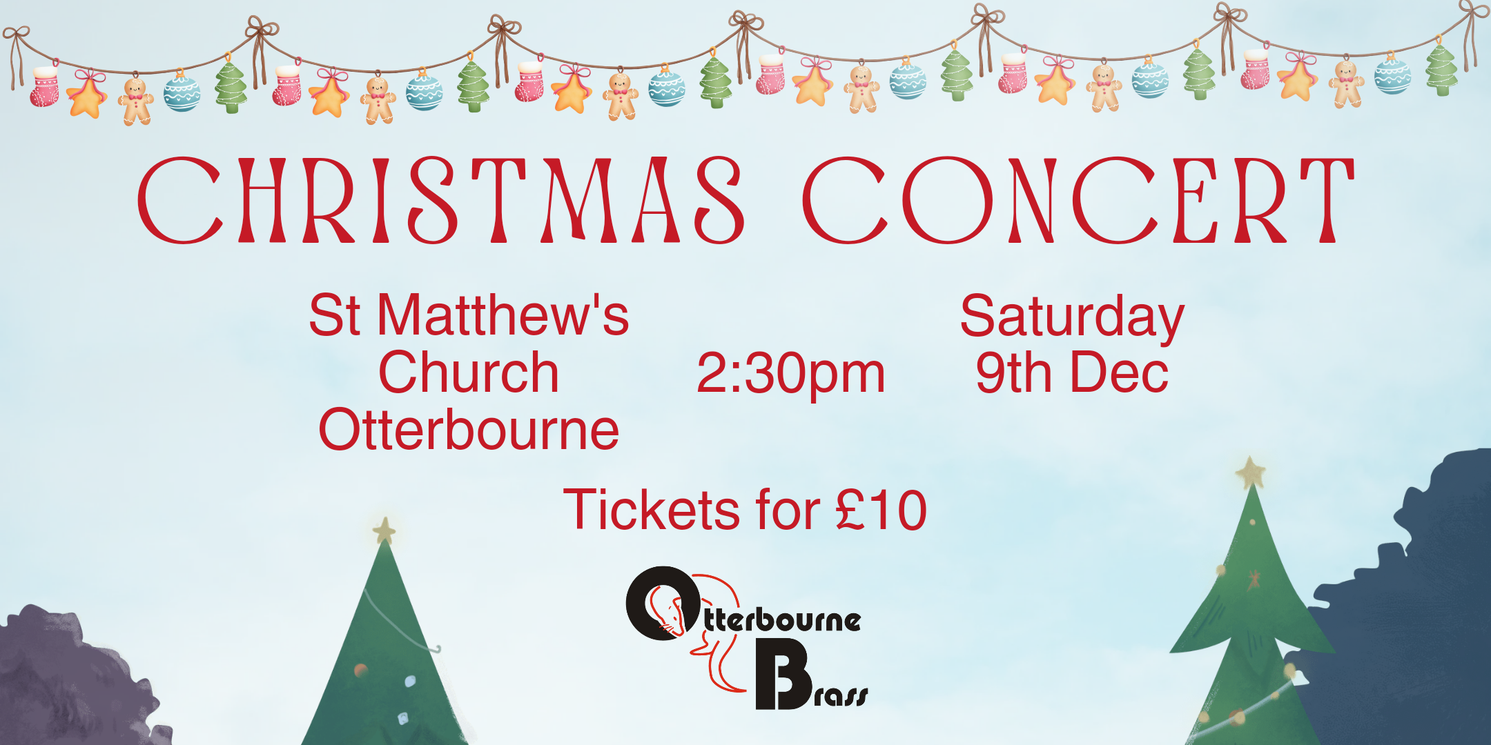 Poster with Otterbourne Brass Christmas Concert details on it: Saturday 9th December 2023, 2.30pm, St Matthew's Church, Otterbourne, £10